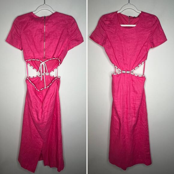 Staud Pink Matteo Cut Out Linen Midi Dress Size 0 - Picture 3 of 9
